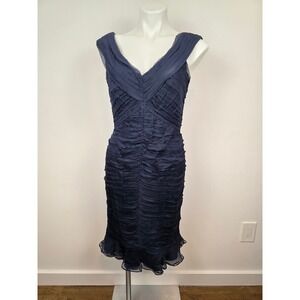 Tadashi Collection Navy Blue Ruched Sheath 100% Silk Dress Cocktail Party 10